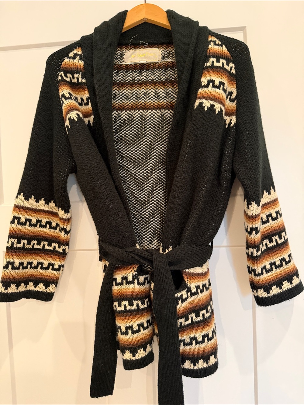 Jen's Pirate Booty Black Sweater Cardigan with Cream and Brown Pattern